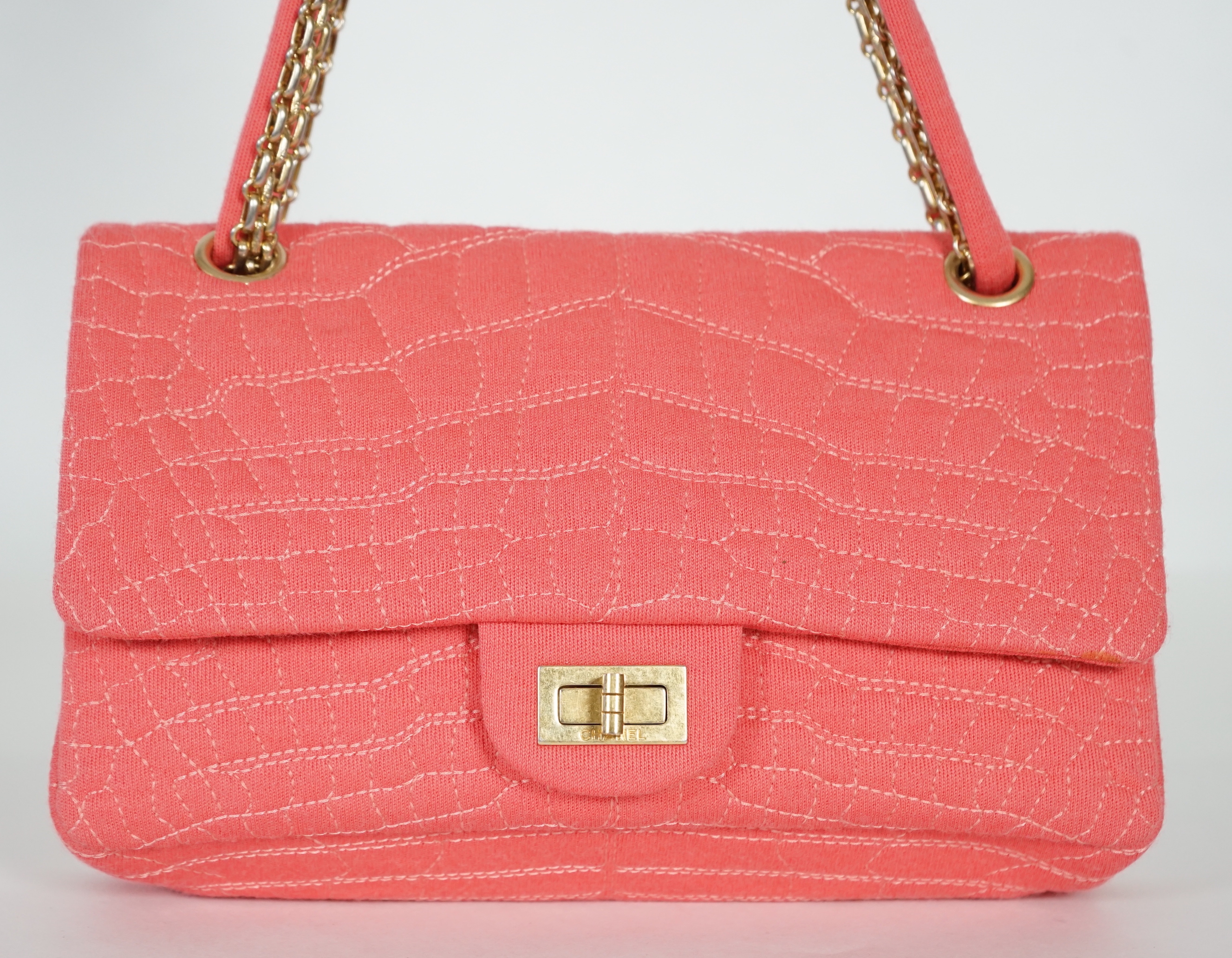 A Chanel coral jersey Croc Reissue 2.55 Classic Flap bag, width 24.5cm, height14cm, depth 3cm